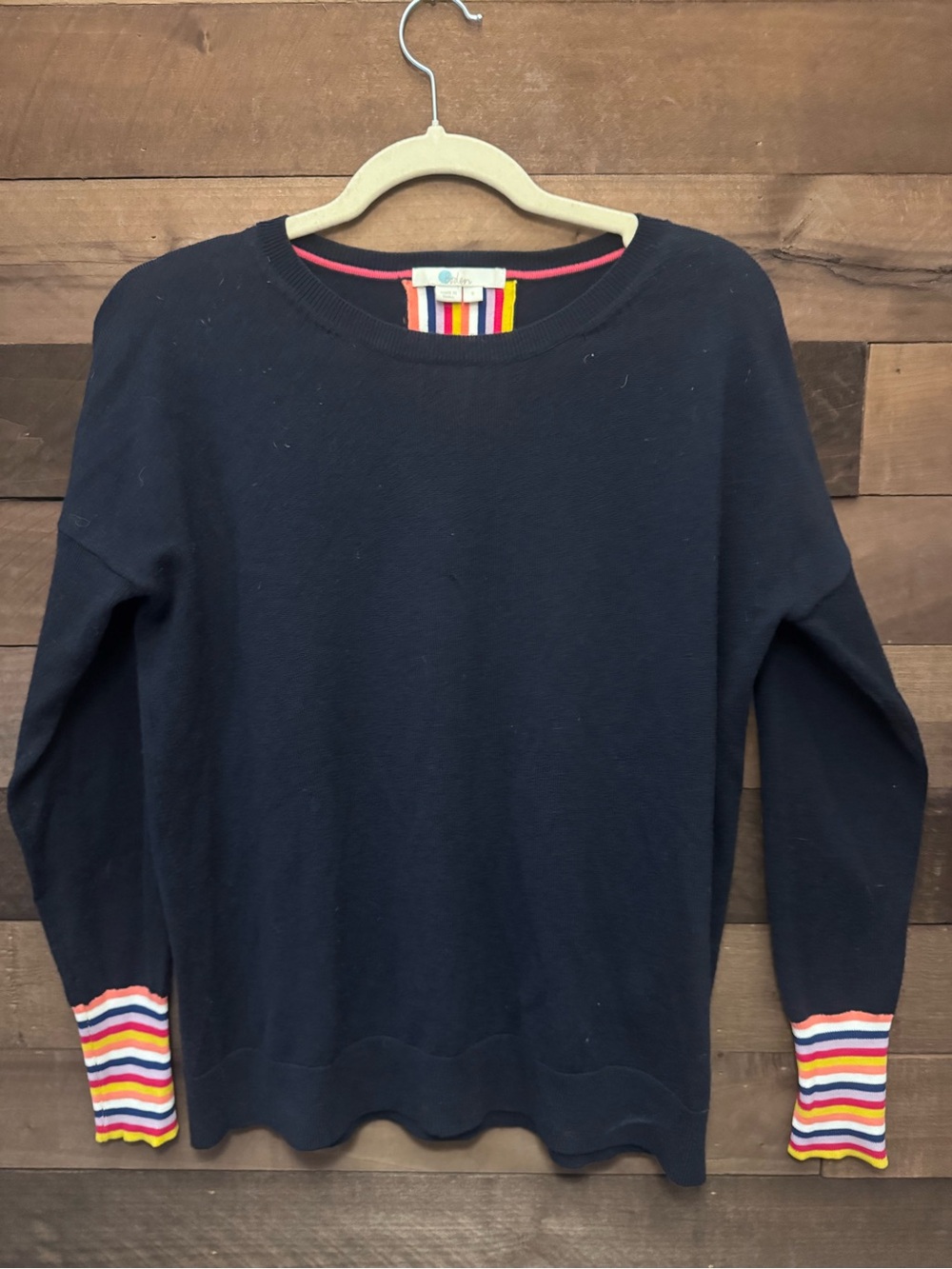Boden Navy Crewneck Sweater with Striped Cuff Detail
